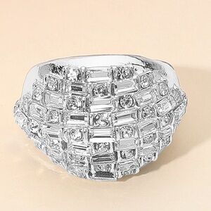 Gold or Silver Checkered Pattern Baguette Stone Embellished Chunky Stretch Ring